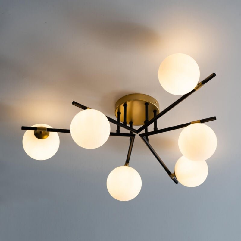 Kosilum - Deckenleuchte in warmem Schwarz-Gold mit 6 Weißglaskugeln - Mattina