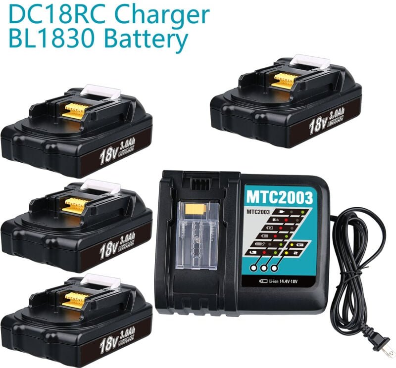Pdstation - 4er-Pack 18 v 3 Ah Akku und Ladegerät Set für Makita BL1830 BL1840 BL1850 BL1860 und Ladegerät 3ADC18RC DC18...
