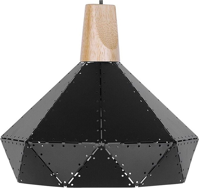 Hängeleuchte Schwarz Metall und Holz mit Schirm in Glockenform Lochmuster Shabby Chic Vintage Stil