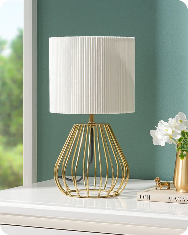 EDISHINE Nachttischlampe, Cremeweißer Plissee-Lampenschirm und Metallsockel in Tropfenform, Höhe 29 cm, 2700K Warmweiß, ...