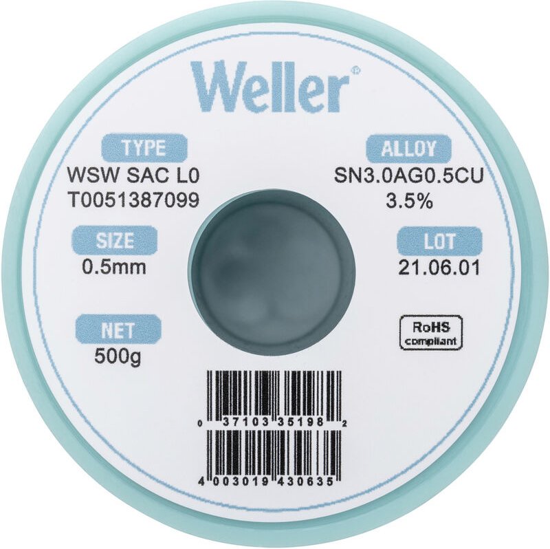 Weller - wsw sac L0 Lötzinn, bleifrei Spule Sn3,0Ag0,5Cu 500 g 0.5 mm