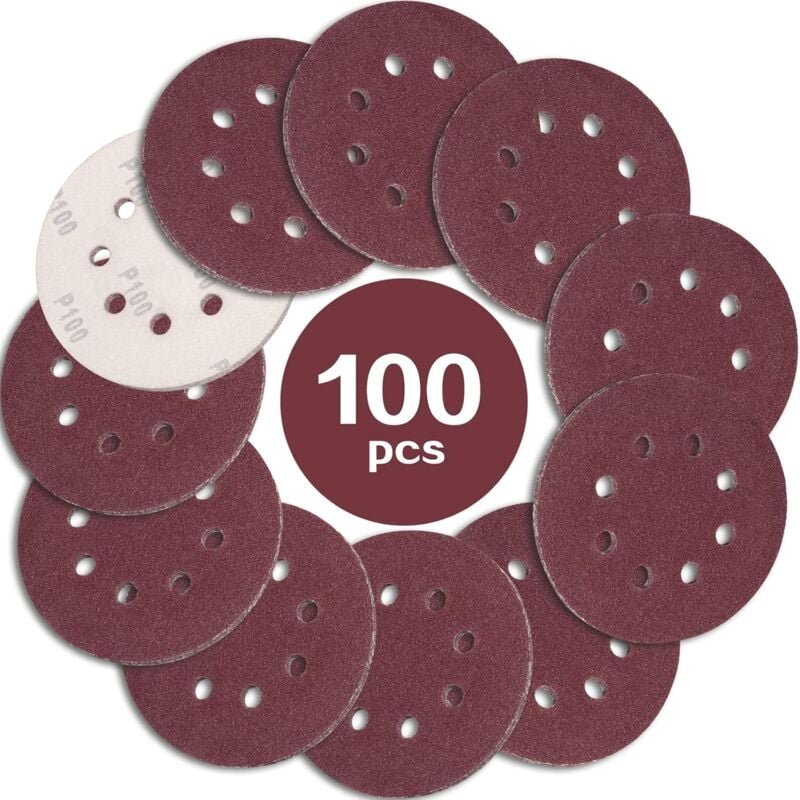 100 Stück Schleifscheiben, 125 mm, Körnung 100, Schleifpapier-Schleifscheiben, 8 Löcher, ideal zum Schleifen/Polieren fü...