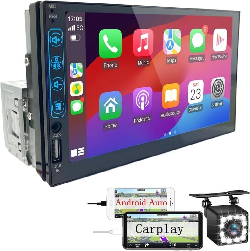 1-DIN-Bluetooth-Autoradio mit Carplay und Android Auto – 7-Zoll-HD-Touchscreen-Autoradio unterstützt Mirror Link iOS/And...