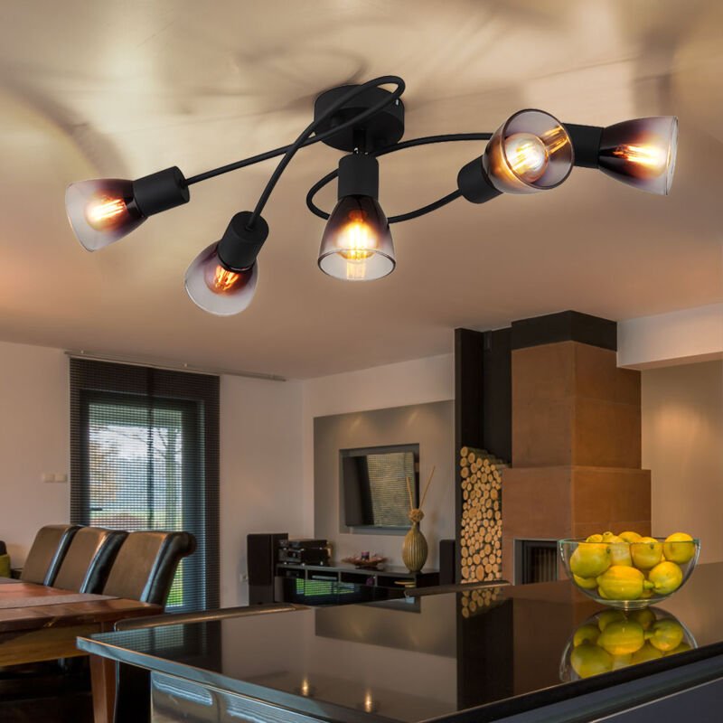 Thumbnail - Deckenlampe 5 flammig Deckenleuchte schwarz Wohnzimmerlampe Schlafzimmerleuchte, Glas rauchfarben klar, 5x E14, LxH 58 x...