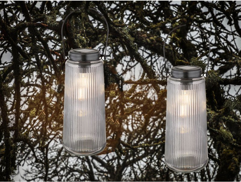 Meinewunschleuchte - 2er Set led Solarlaternen Rauchglas, hängend oder stehend, Höhe 25cm