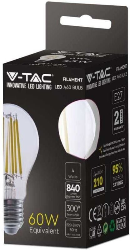 V-TAC VT-2334 Led Birne 4W E27 Glühlampe A60 Klarglas Artikelnummer 2990