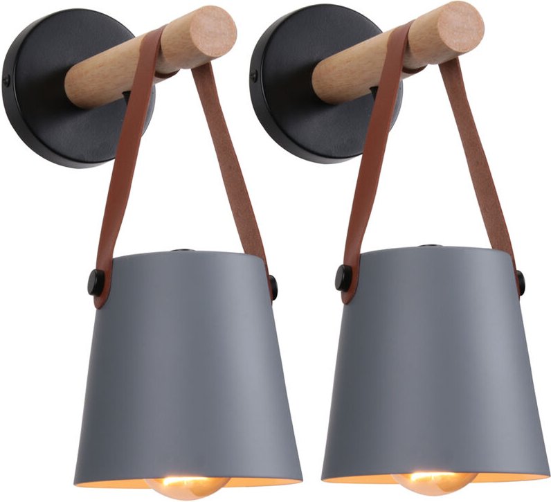 2PC Wandleuchte Innen Grau, Vintage Wandlampe Holz und Metall E27 Nachttischlampe für Wohnzimmer Schlafzimmer Flur Trepp...
