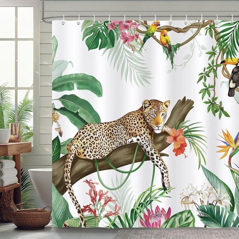 Duschvorhang mit tropischem Leopardenmuster, 180 x 180 cm, Palmenblätter, schimmelresistentes Polyester, mit 12 Haken