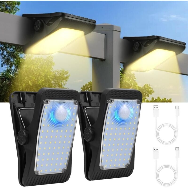 Solarleuchten Außen, 2er Pack Solar Klemmleuchten mit Bewegungsmelder, 73 LEDs 3 Modi led Solar Wandleuchte, Solar Klemm...
