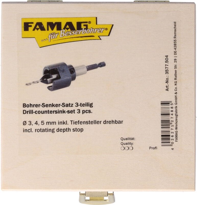 Famag - Bohrer Senker Satz mit drehbarem Tiefenanschlag 3tlg Holzkasten 3577.504