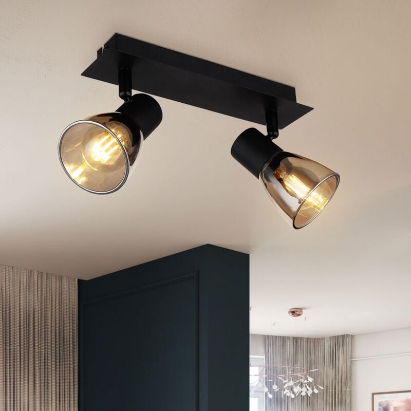 Deckenlampe Wohnzimmerlampe Holz Metall Glas 2-Flammig schwarz matt Wippschalter