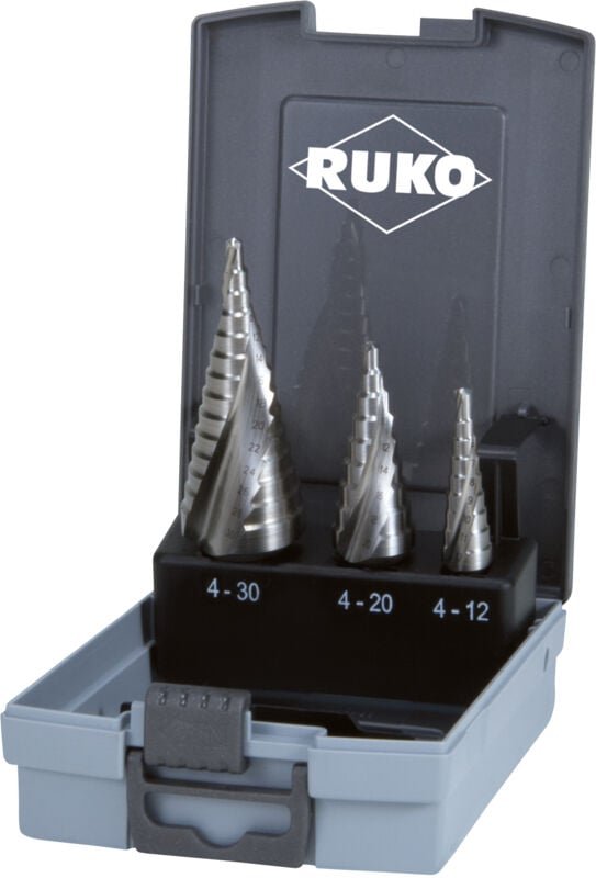 Ruko Stufenbohrer-Satz HSS spiralgenutet in den Größen 0/9, 1, 2 in Kunststoffkassette - 3 tlg.