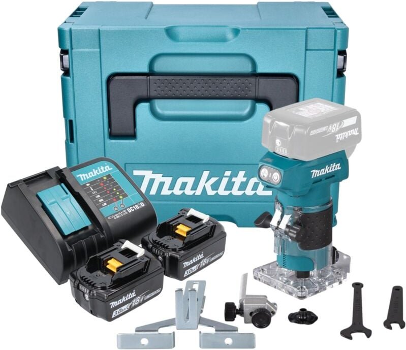 Makita DRT 52 SFJ Akku Kantenfräse 18 V 6 mm Brushless + 2x Akku 3,0 Ah + Ladegerät + Makpac
