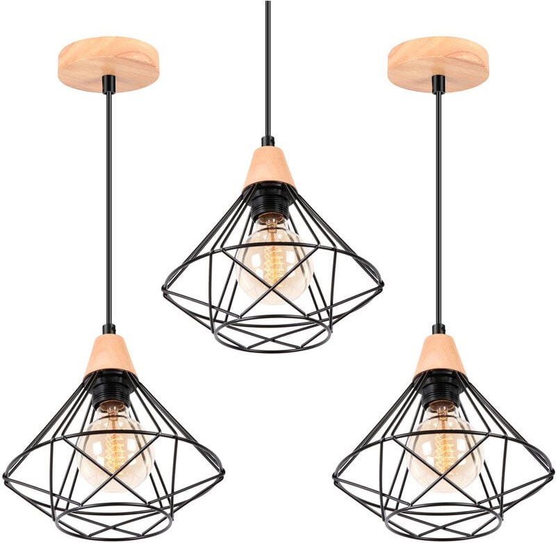 3x Industriell Pendelleuchte Metall Hölzern Lüster in Rautenform Ø22cm E27 Moderne Kronleuchter für Wohnzimmer Küche Res...