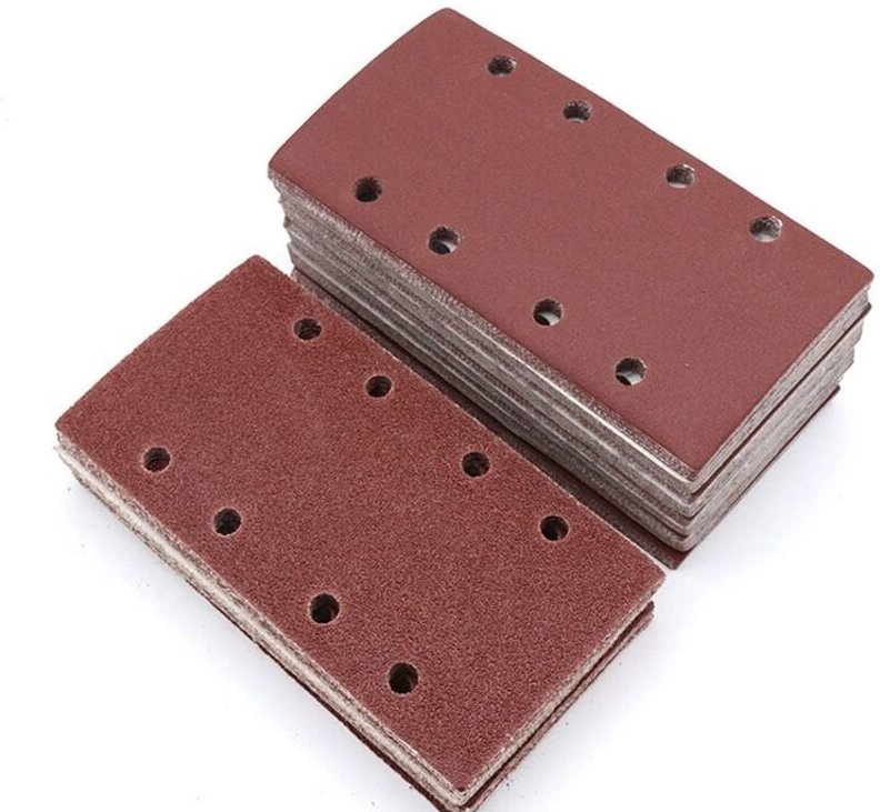 120pcs feuilles abrasives rectangulaires, papier de verre pour ponceuse 93x185mm 8 trous tampons de ponçage à crochet et...