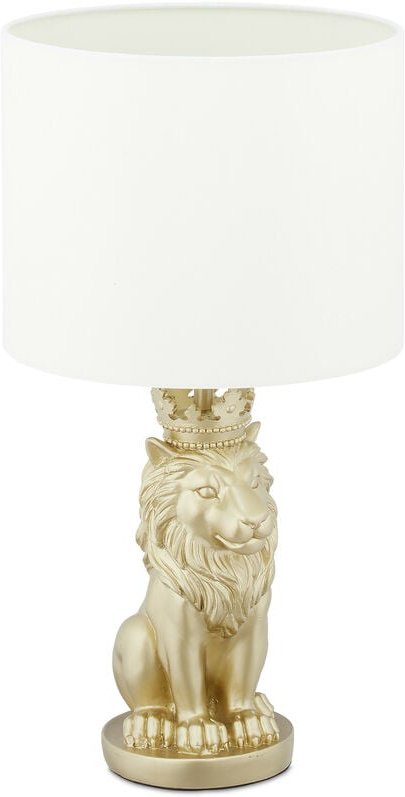 Tischlampe Löwe, Tischleuchte mit Stoffschirm, E27, prunkvolle Nachttischlampe, h x d: 47,5 x 25 cm, weiß/gold - Relaxda...