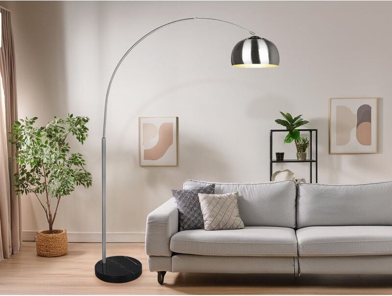 Led Bogenlampe Silber matt Marmorfuß Schwarz große Ausladung, Höhe 200cm