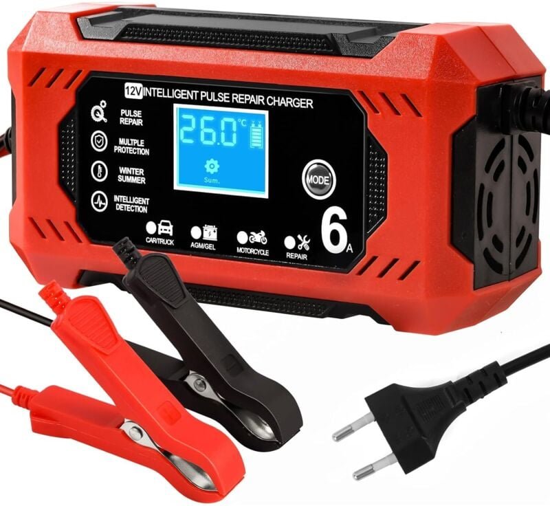 Autobatterieladegerät, 12 V, 6 A, intelligentes Batterieladegerät, Motorradbatterieladegerät mit LCD-Display, Batteriela...