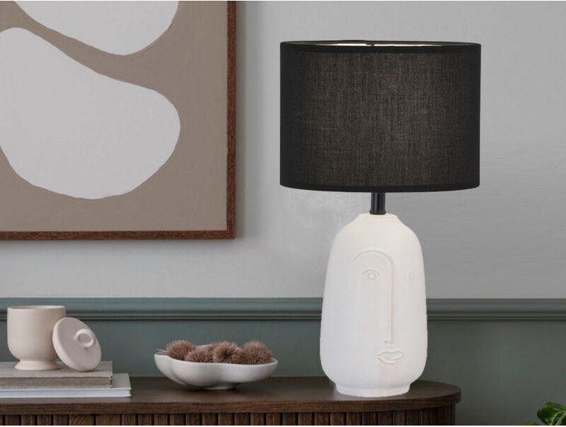 Meinewunschleuchte - led Tischlampe mit Keramikfuß Weiß & Leinenschirm Schwarz, Höhe 39cm