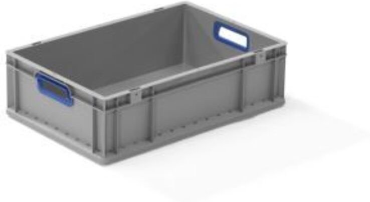 Transportstapelbehälter L600xB400xH170mm grau pp offener Griff blau Seitenwände geschlossen