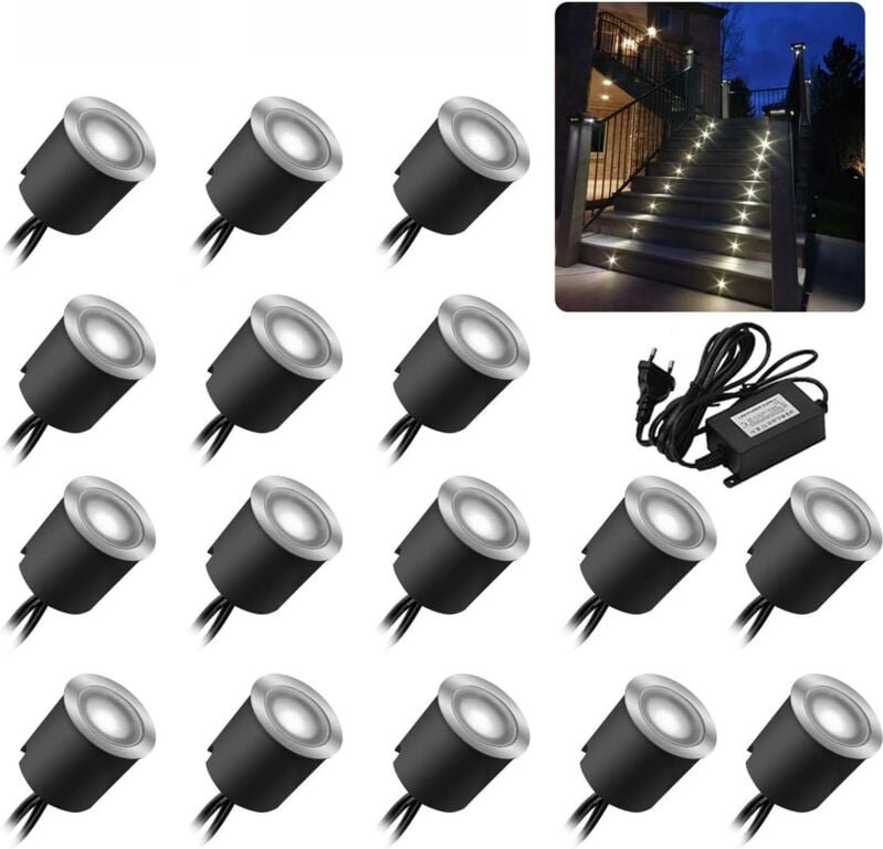 Set mit 16 LED-Bodeneinbaustrahlern – Wasserdicht IP67 – 0,6 w – Durchmesser: 32 mm – Für drinnen und draußen – 4000 k –...