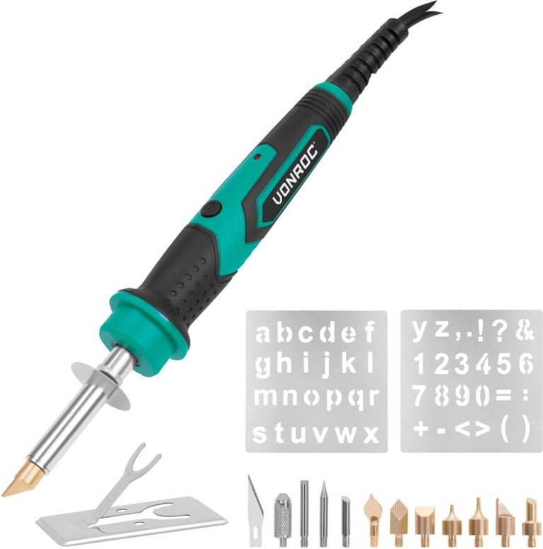 Brandmalkolben – Lötkolben – 30W – Brandmalerei-Set – 8 Brandmalspitzen – 3 Lötspitzen – 2 Schablonen - Vonroc