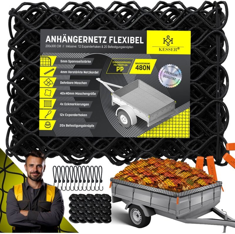 Kesser - Anhängernetz Dehnbar feinmaschig mit Haken Hängernetz mit Spannseil & Netzkordel für Ladungssicherung Schwarz /...