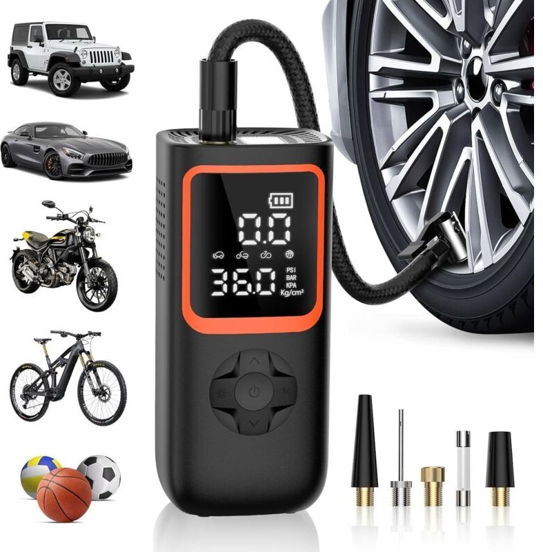 Tragbarer Reifenfüller 150 PSI, Manometer + LED, 2x schneller, Auto/Fahrrad/Motorrad.