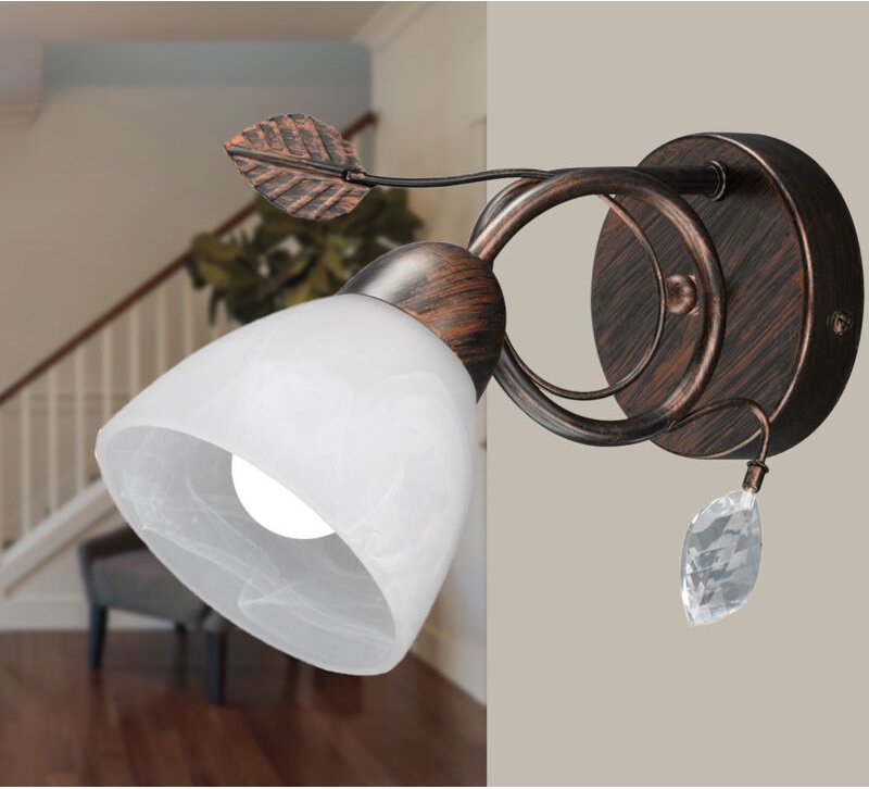 Wandleuchte traditio Rostoptik mit Glasschirm und Blätterdeko, Höhe 21,5cm