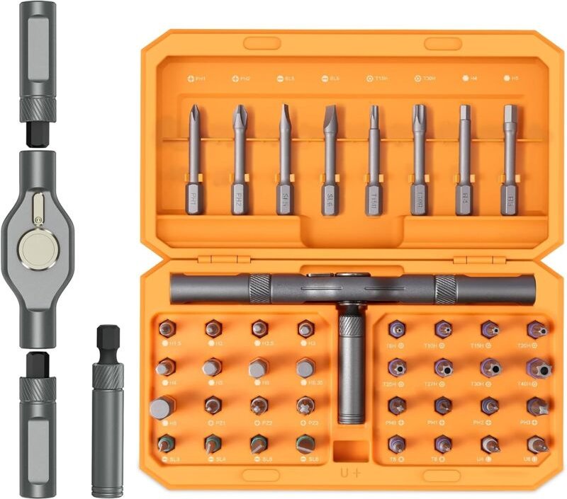 Set (16,5 x 9 x 3,5 cm) 42-in-1 orangefarbener magnetischer Präzisions-Multi-Bit-Schraubendreher mit 40 Bits und einem a...
