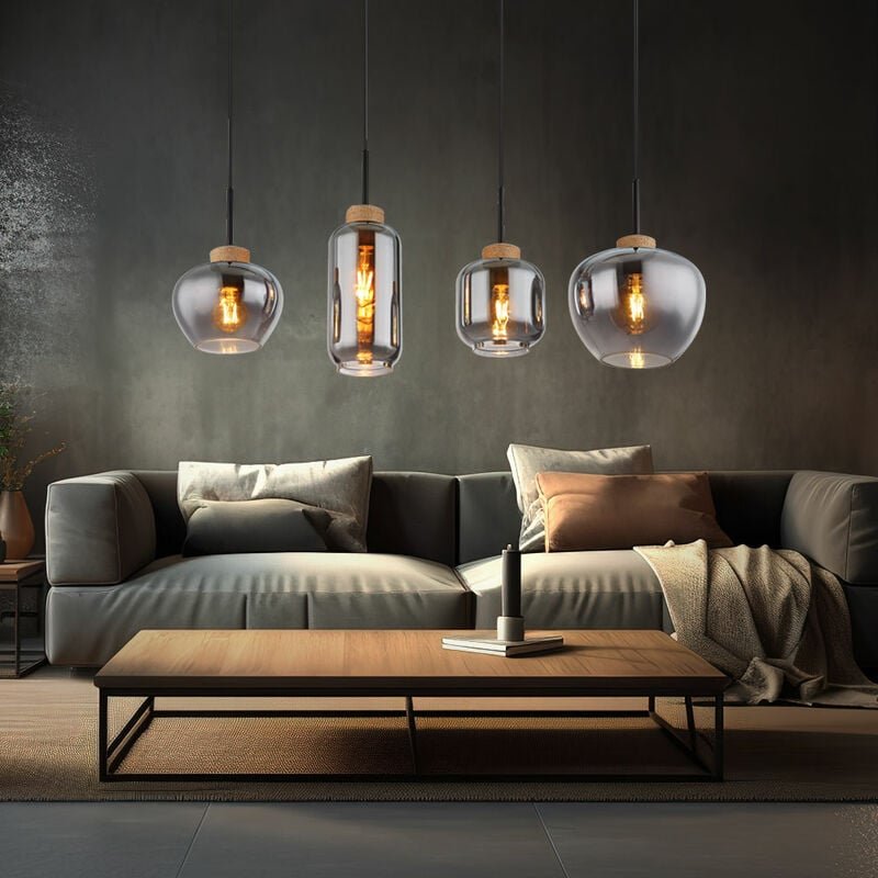 Pendelleuchte Esszimmerlampe hängend 4-Flammig rauch Hängelampe Rauchglas, Metall, 4x E27 Fassungen, LxBxH 96x23x120 cm