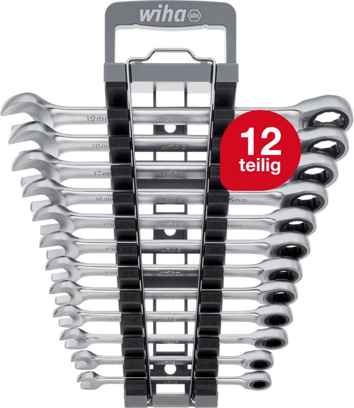 Ringratschen-Gabelschlüssel Set 12-tlg. inkl. Halter i Ring Ratschenschlüssel Set 8-19 mm i Maulschlüssel Satz mit Ringr...