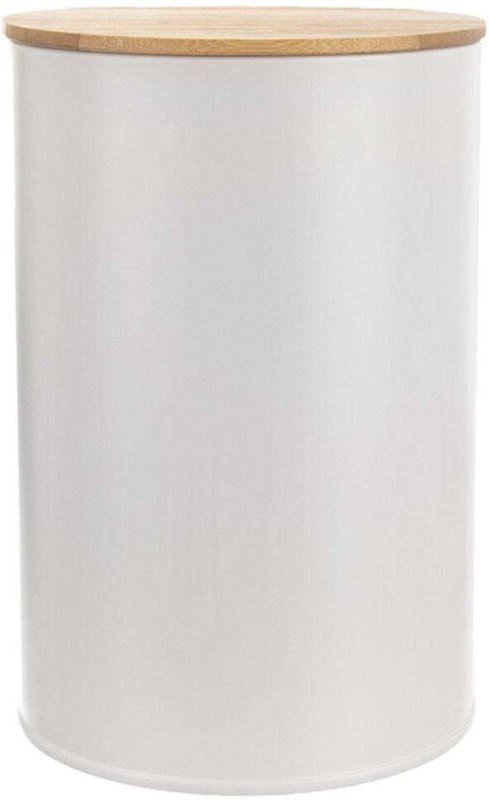 White metal container with bamboo lid and silicone seal