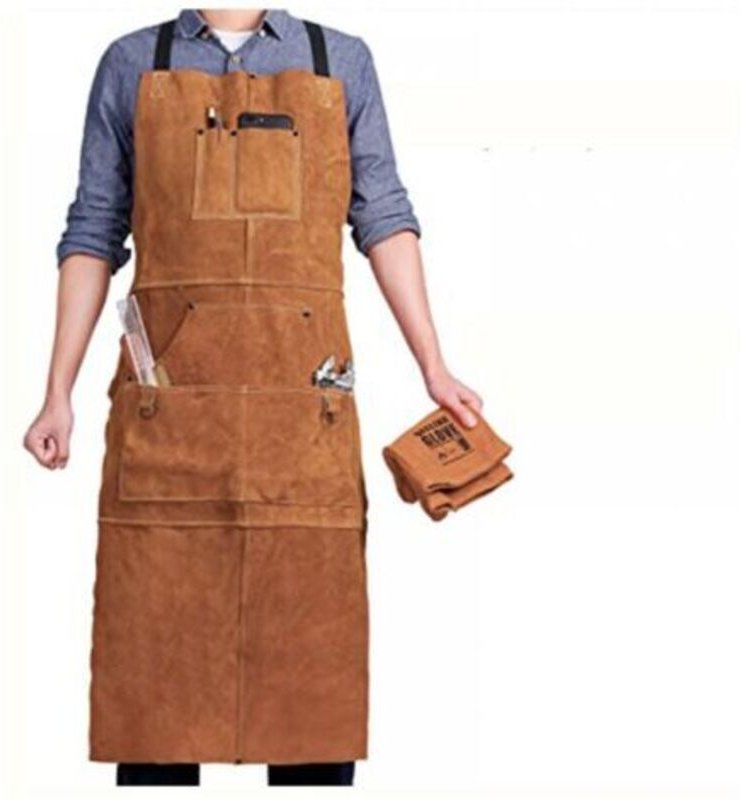 Schweißer-Schürze mit 6 Taschen, flammenhemmende und hitzebeständige Leder-Arbeitsschürze, Zimmermanns-Schürze für Männe...