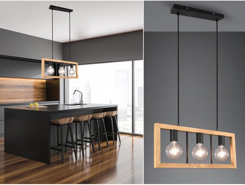 Trio - Balken Pendelleuchte agra 3 flammig Schwarz mit Holzbalken, Breite 60cm