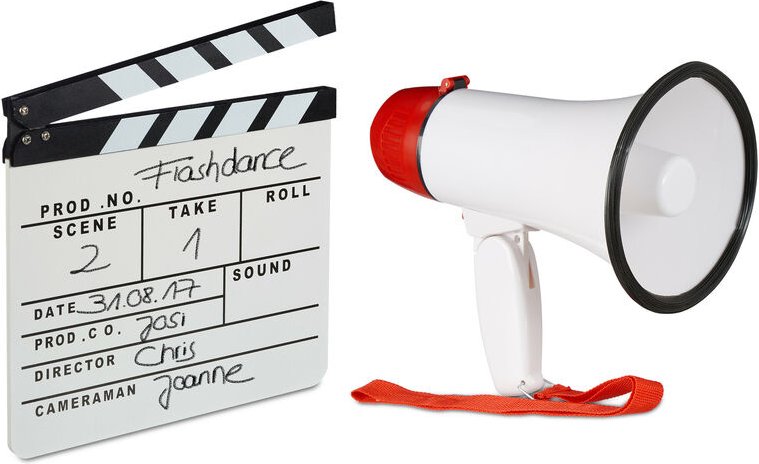 2 tlg. Film-Set, Megafon Stadion, Filmklappe weiß, Flüstertüte 10 Watt, Regieklappe Holz, Megaphon Ole Sound, Clapboard