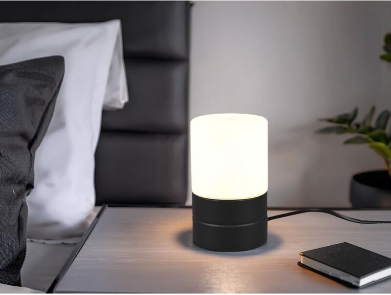 Meinewunschleuchte - Kleine led Tischleuchte per touch dimmbar, Schwarz mit Glasschirm, Höhe 15cm
