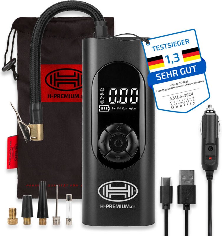 HEYNER® Digitaler Akku-Kompressor 6.000mAh I 10 bar Druck, LED & Display, Auto-Stopp, USB-C & 12V Ladefunktion, inkl. Ad...