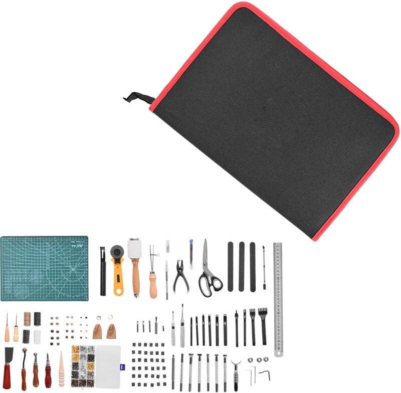 Mophorn 61-teiliges Lederhandwerks-Set mit praktischer Tragetasche aus Segeltuch, inklusive Grafik-, Stanz-, Näh- und Sc...