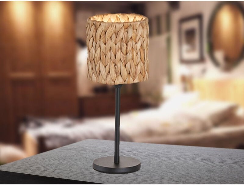 Meinewunschleuchte - led Tischlampe Metallfuß Schwarz mit Seegras Lampenschirm, Höhe 33cm
