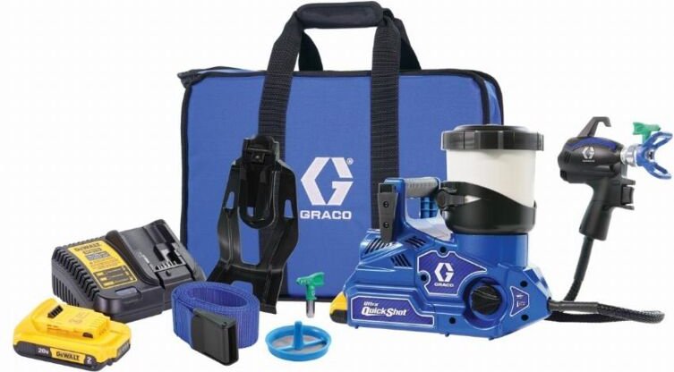 Ultra QuickShot Airless-Farbspritzpistole – Graco mit 2 x 18 v 2,0 Ah Dewalt-Akkus – 1 x Dewalt-Akkuladegerät – Tragetas...