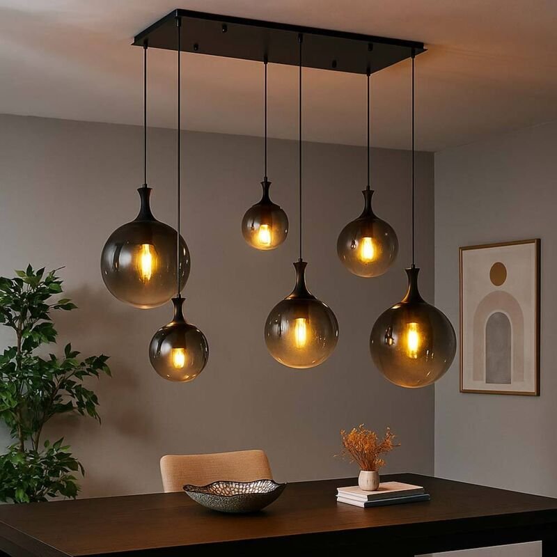 Hängelampe Esstischlampe Pendelleuchte Rauchglas Wohnzimmerlampe 6 flammig 141cm