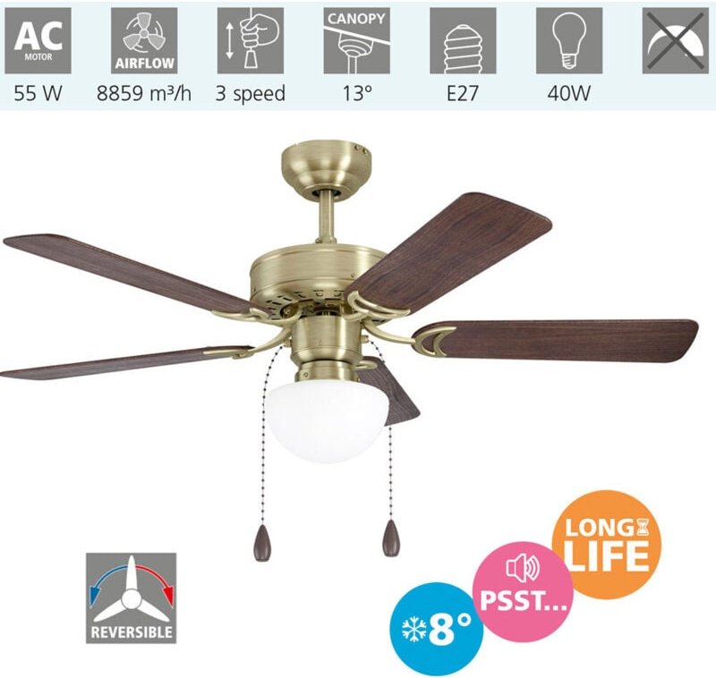 Deckenventilator cadiz, 5 Flügel Ventilator mit Licht, Zugkette, Wendeflügel aus mdf in Walnuss oder Eiche, Gehäuse aus ...