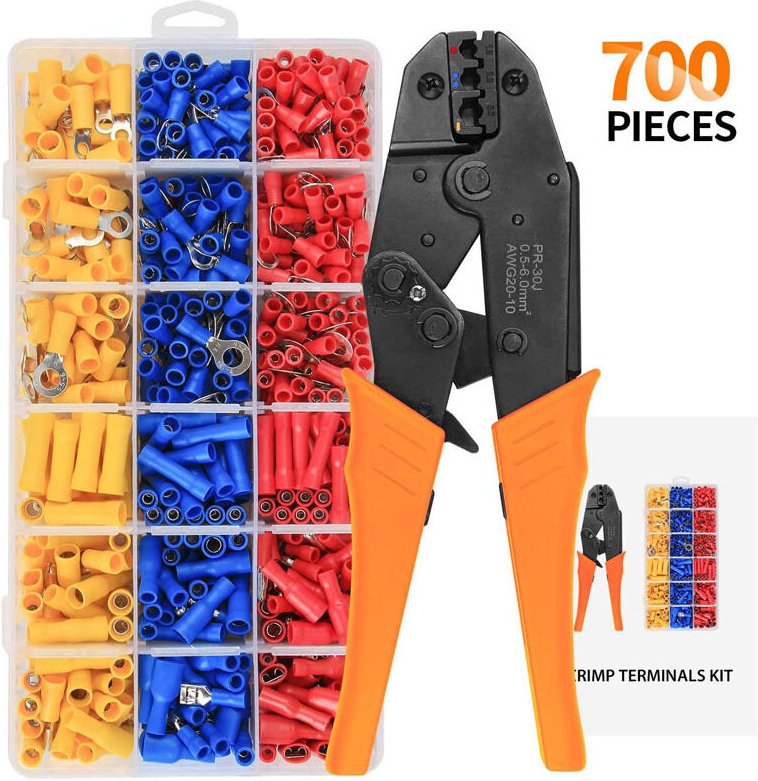 Thumbnail - Crimpzangen-Set für isolierte Drahtklemmen, 0,5–6 mm² Ratschencrimper, Kabelschuhzange, Crimpzangenset mit 700 isolierte...