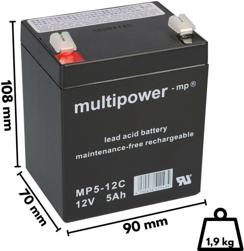 Multipower - Blei-Akku MP5-12C Pb 12V / 5Ah Zyklenfest, Faston 6,3