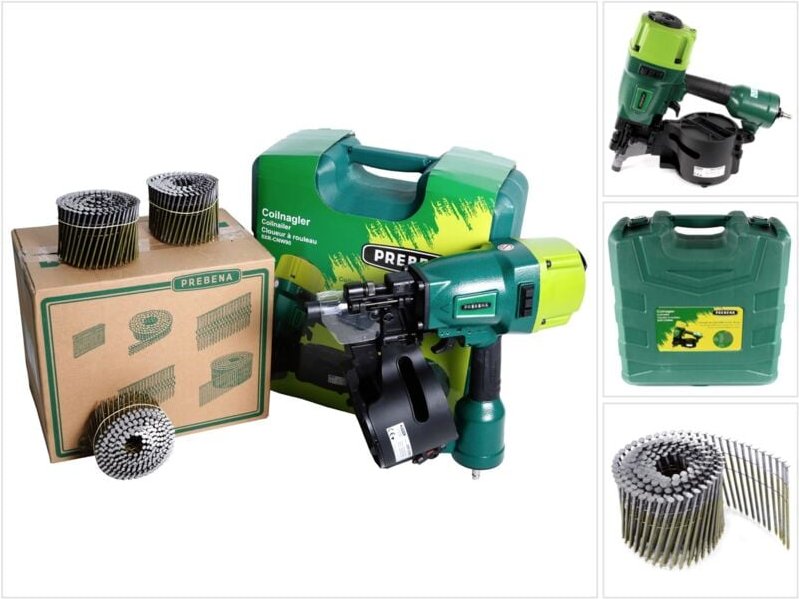 Prebena 8XR-CNW90 Coilnagler Druckluftnagler im Transportkoffer + Prebena CNW31/90BKRI Coilnägel Ringschaft 3600 Stück