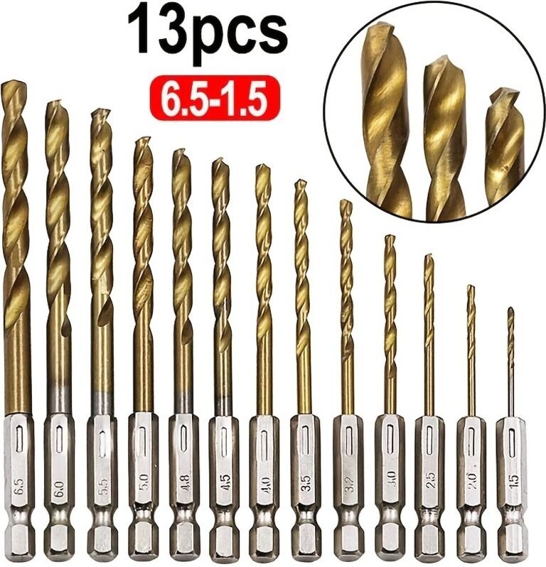 13-teiliges HSS-Bohrerset mit Titanbeschichtung – 1/4 Sechskantschaft – perfekt für Holz, Kunststoff, Aluminiumlegierung...