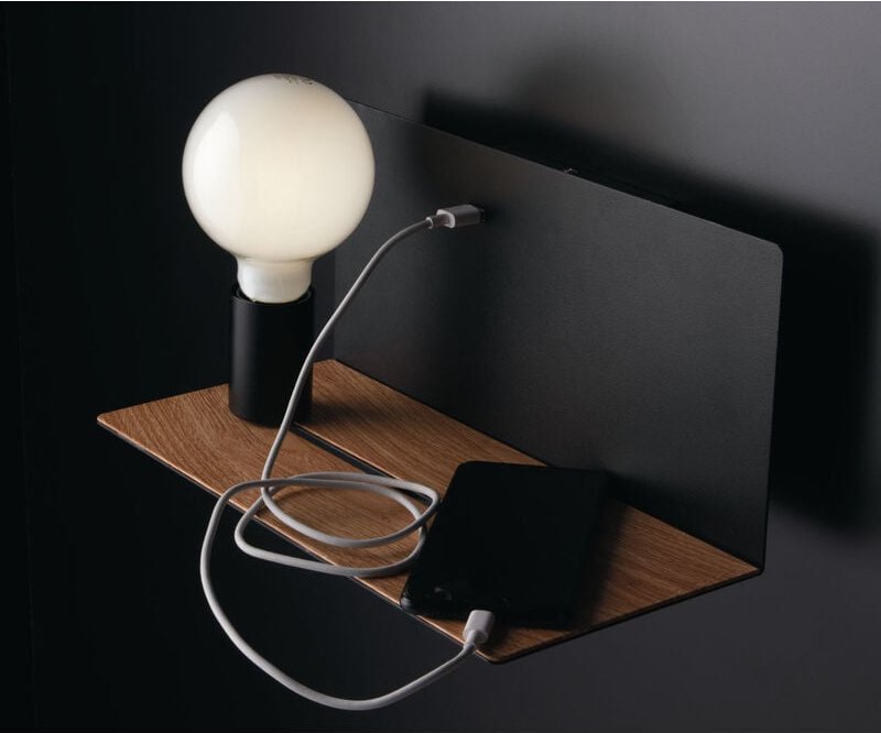 Eco-light - led Wandleuchte Schwarz mit usb Ladefunktion & Ablage - Glühbirne verstellbar