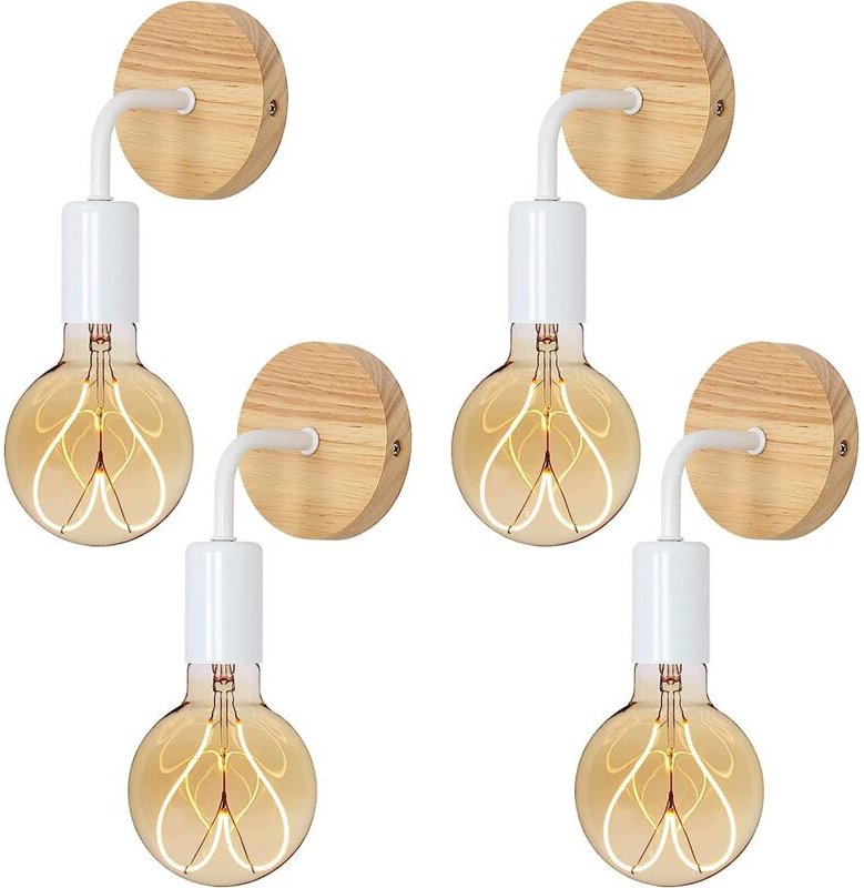 GOECO Wandleuchte Innen 4 Stück Holz Retro Wandlampe E27 Basis Für Schlafzimmer, Wohnzimmer, Flur, Diele Weiß