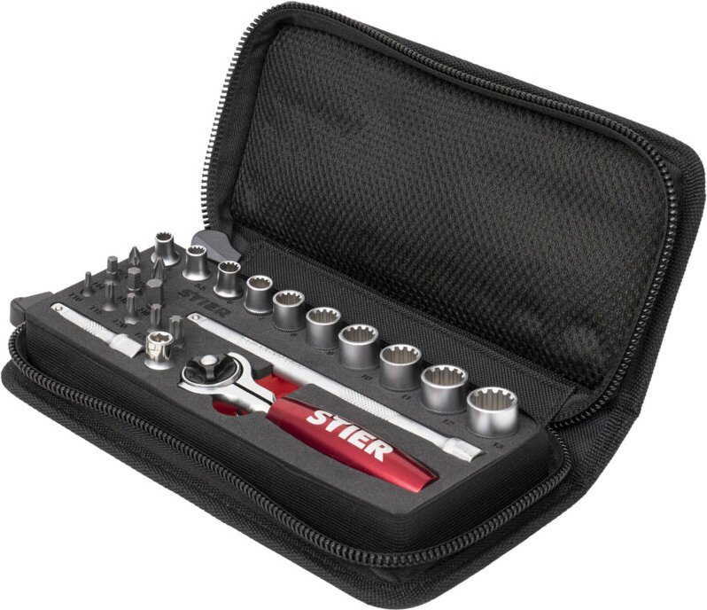 STIER Steckschlüssel- und Bit-Satz, 24-teilig, 1/4 Zoll, Multifunktions-Umschaltknarre, Pozidriv-Bit, Innensechskant-Bit...